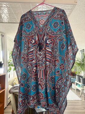 OOAK Boho Paisley Kaftan Poncho Top Oversized Blue Medallion Festival One Size